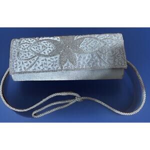 Bijoux Terner Silver Beaded Evening Bag Clutch w/ Kiss Lock